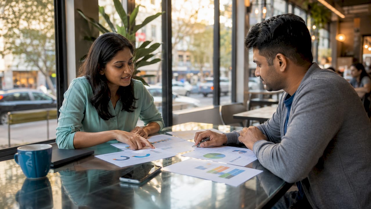 Two partners discussing digital marketing categories at table