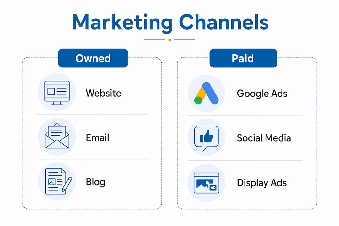 Infographic comparing owned and paid digital marketing channels