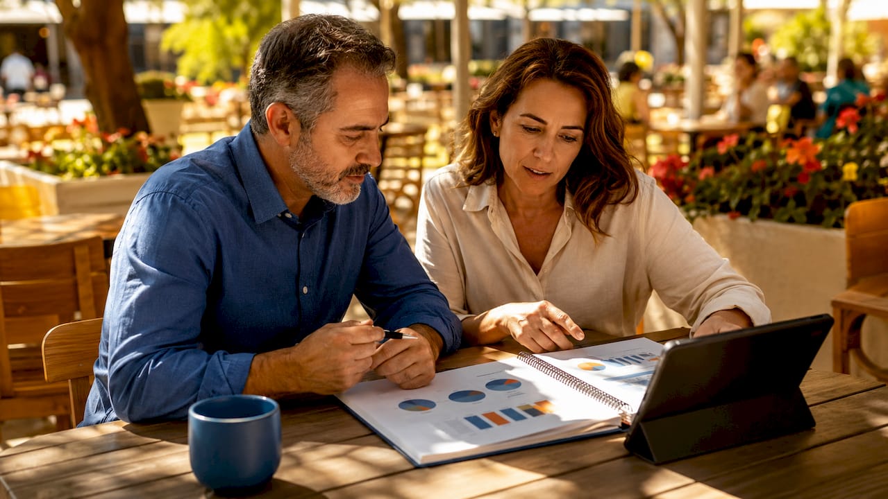 Two people discussing marketing channels in café