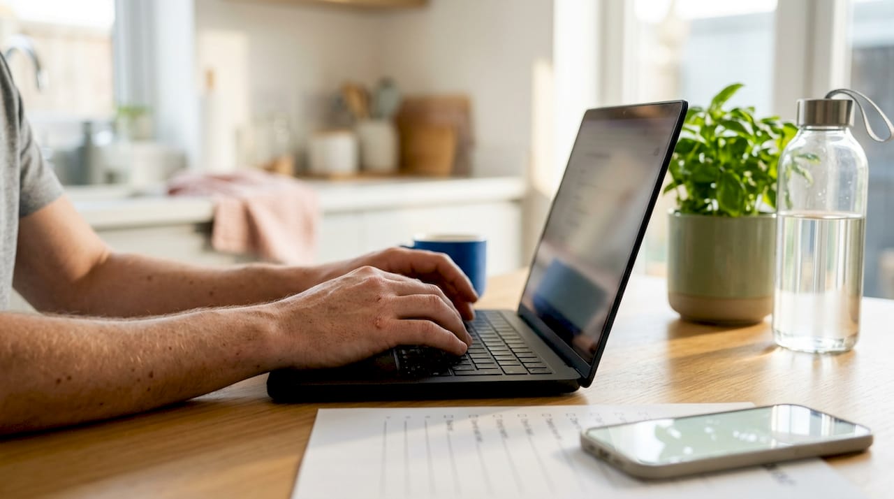 Hands typing on laptop setting up business profile