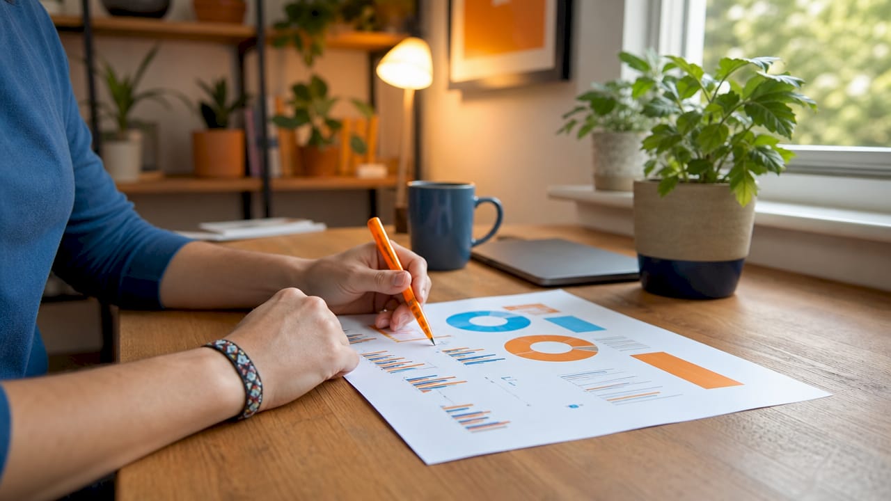 Hands underlining social media goals on printed chart