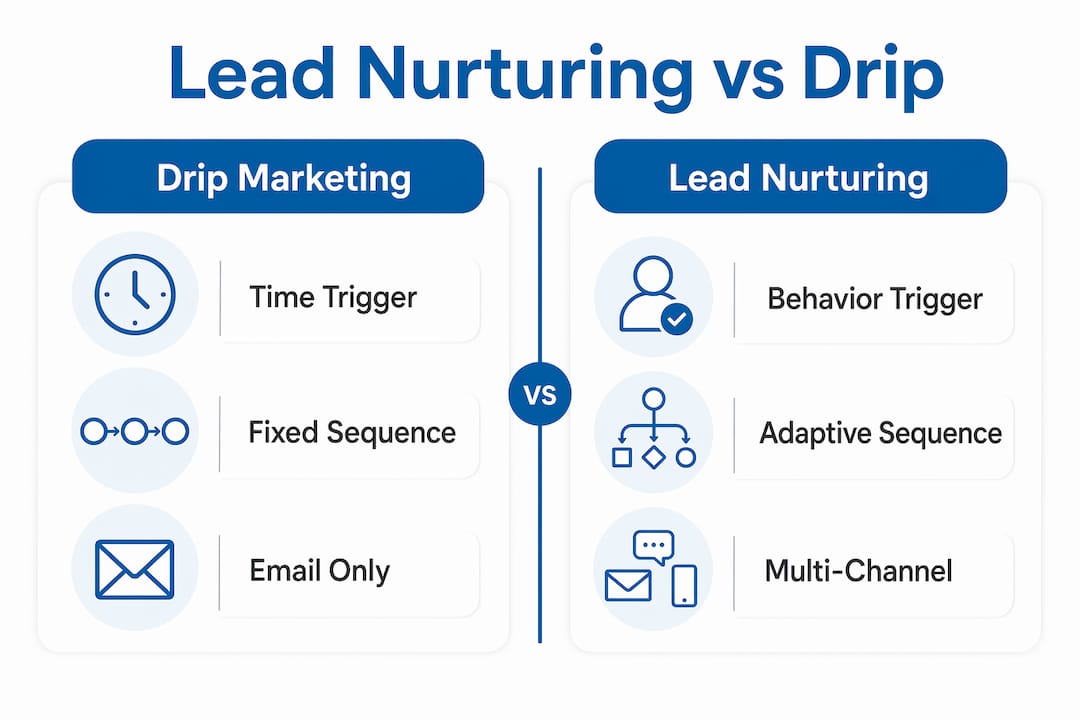 Infographic comparing lead nurturing and drip marketing