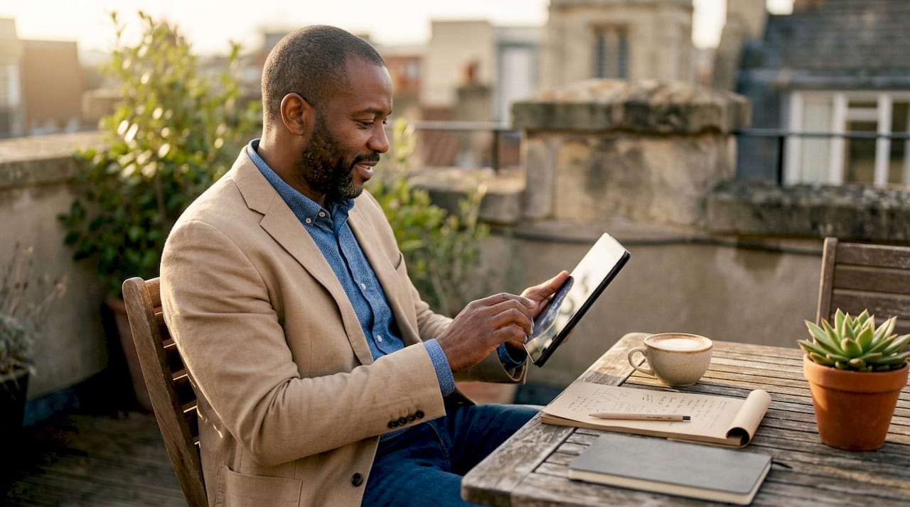 Man reviewing ORM data on tablet at café table