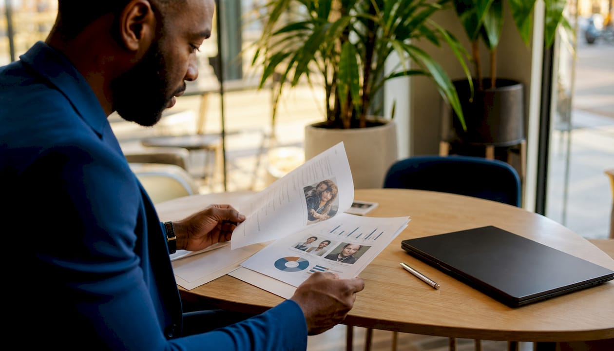 Hands reviewing influencer media kits and analytics