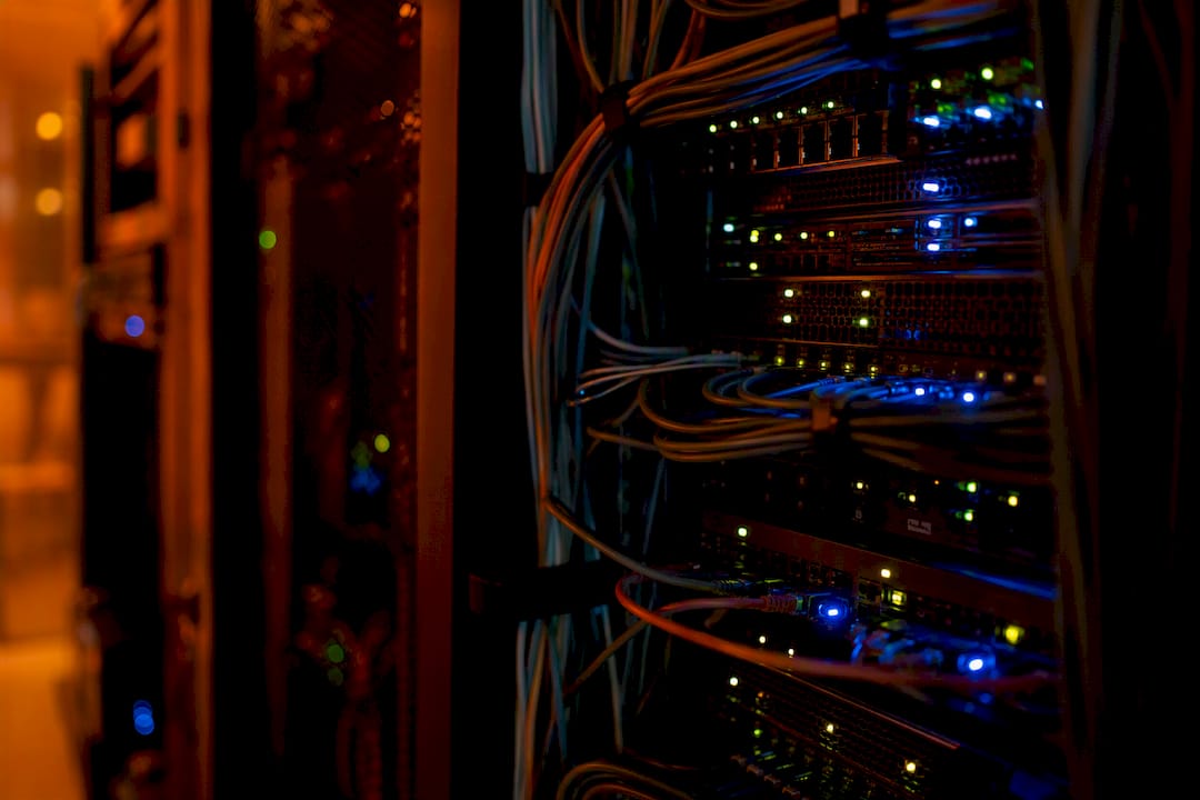 Server rack LEDs blinking in data center