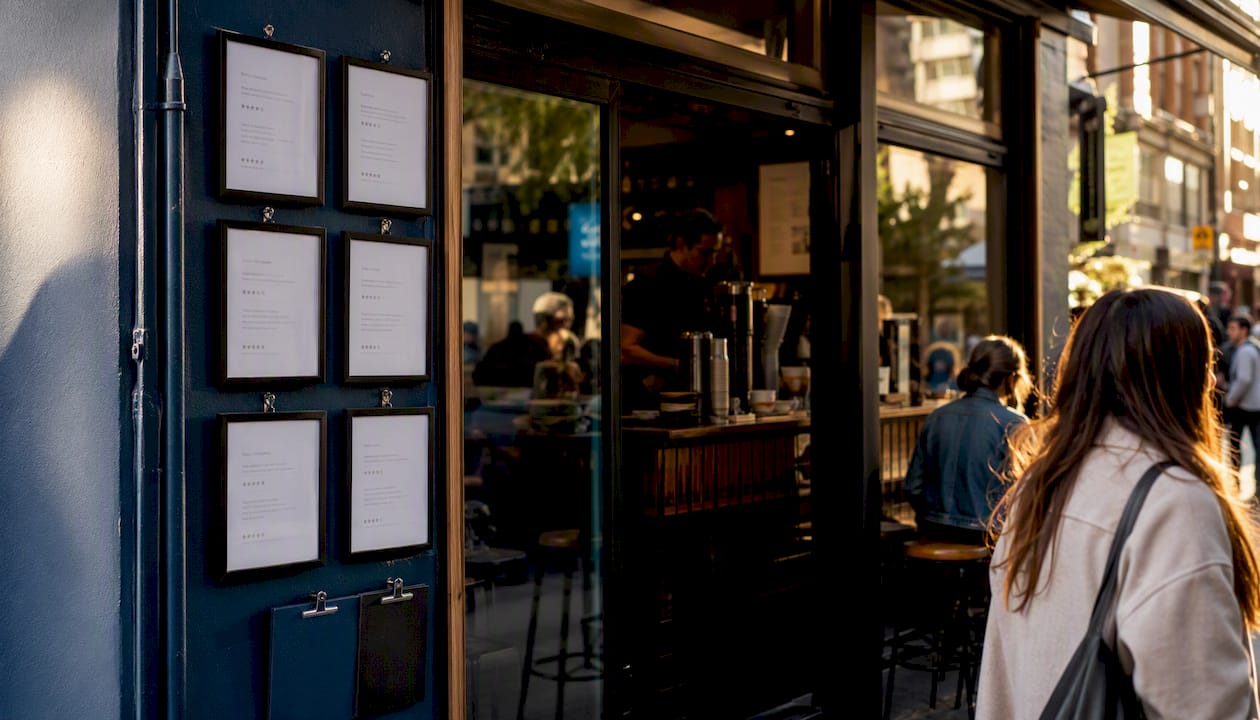 Local cafe storefront with visible reviews and citations