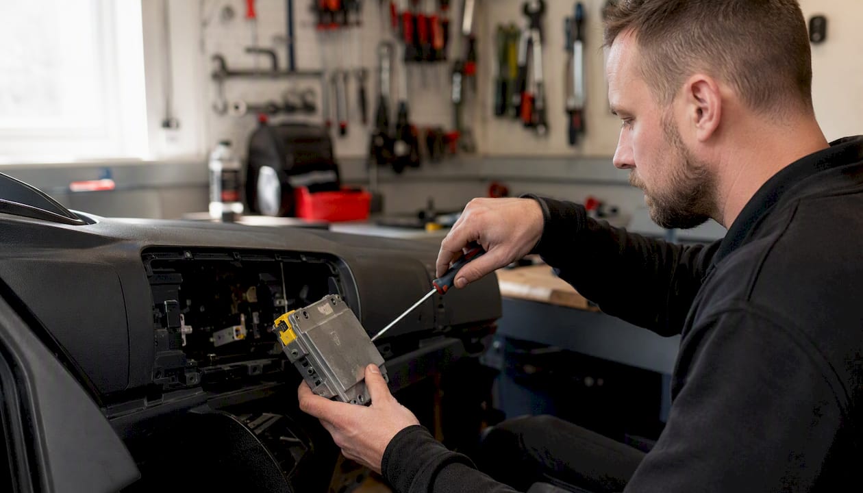 Technician removing airbag control module