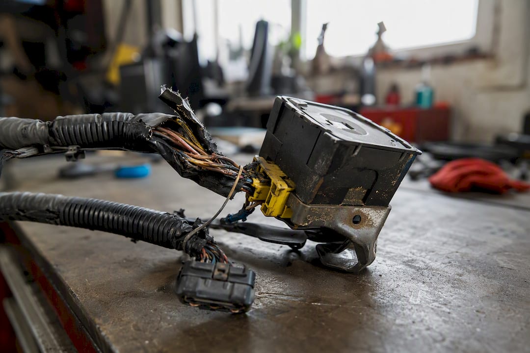 Close-up of damaged vehicle wiring and sensor module