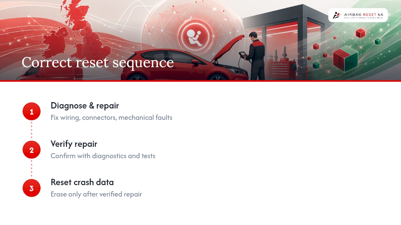 Three-stage airbag reset repair sequence