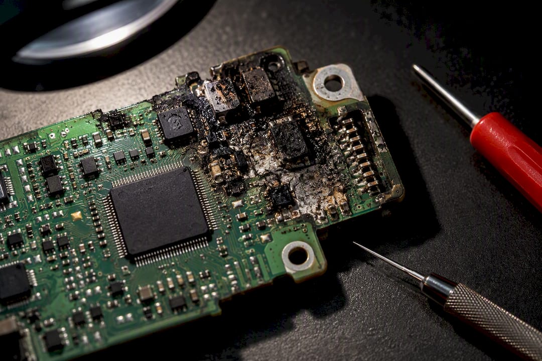 Scorched airbag ECU circuit board detail