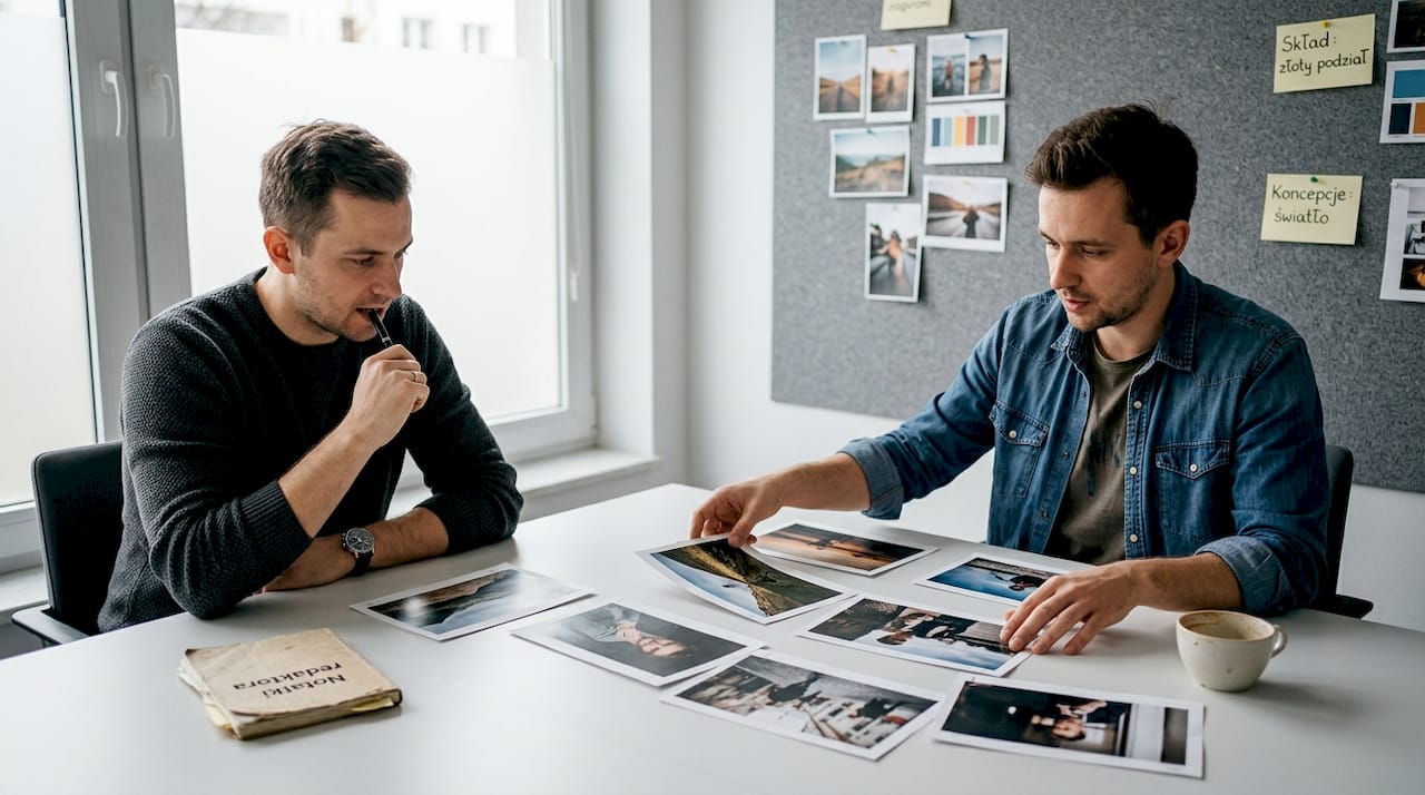 Zespół przygląda się uważnie układowi zdjęć i omawia ich kompozycję.