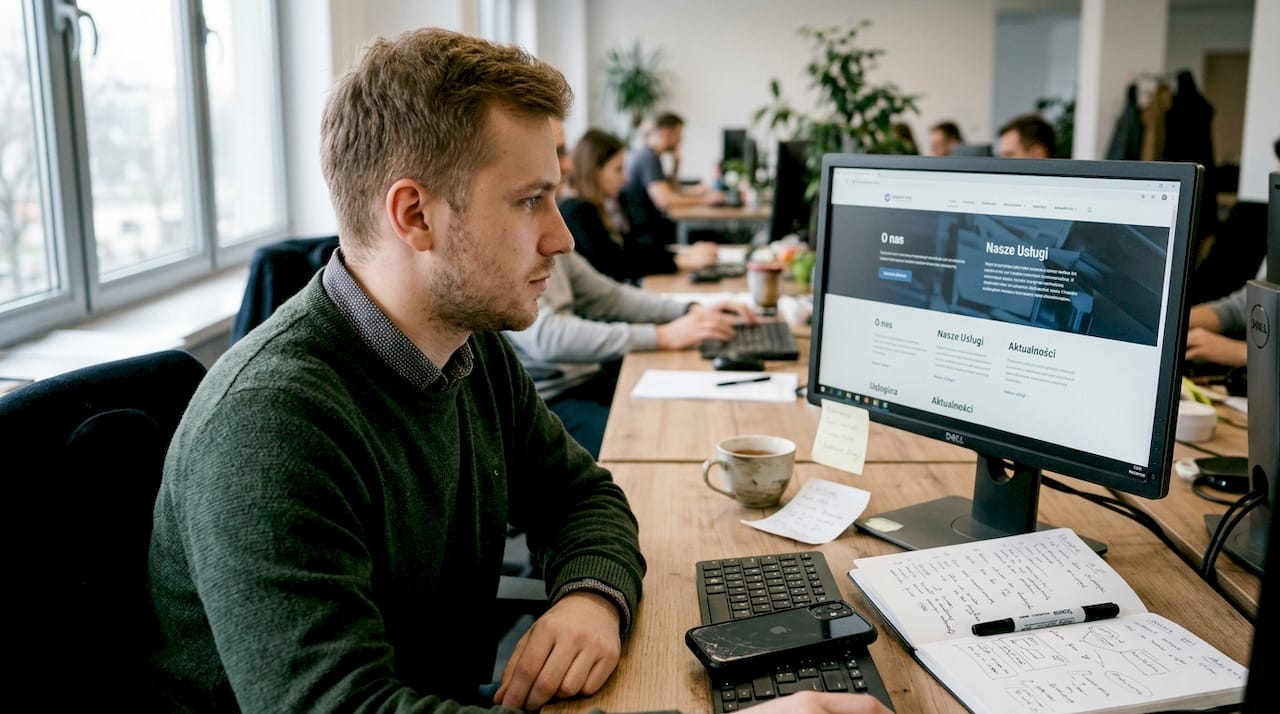 Pracownik przegląda firmową stronę internetową, żeby zapoznać się z marką.