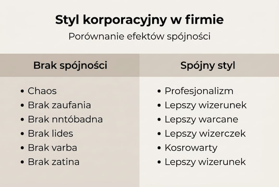 Infografika pokazująca różnicę między chaosem a uporządkowaną identyfikacją wizualną firmy