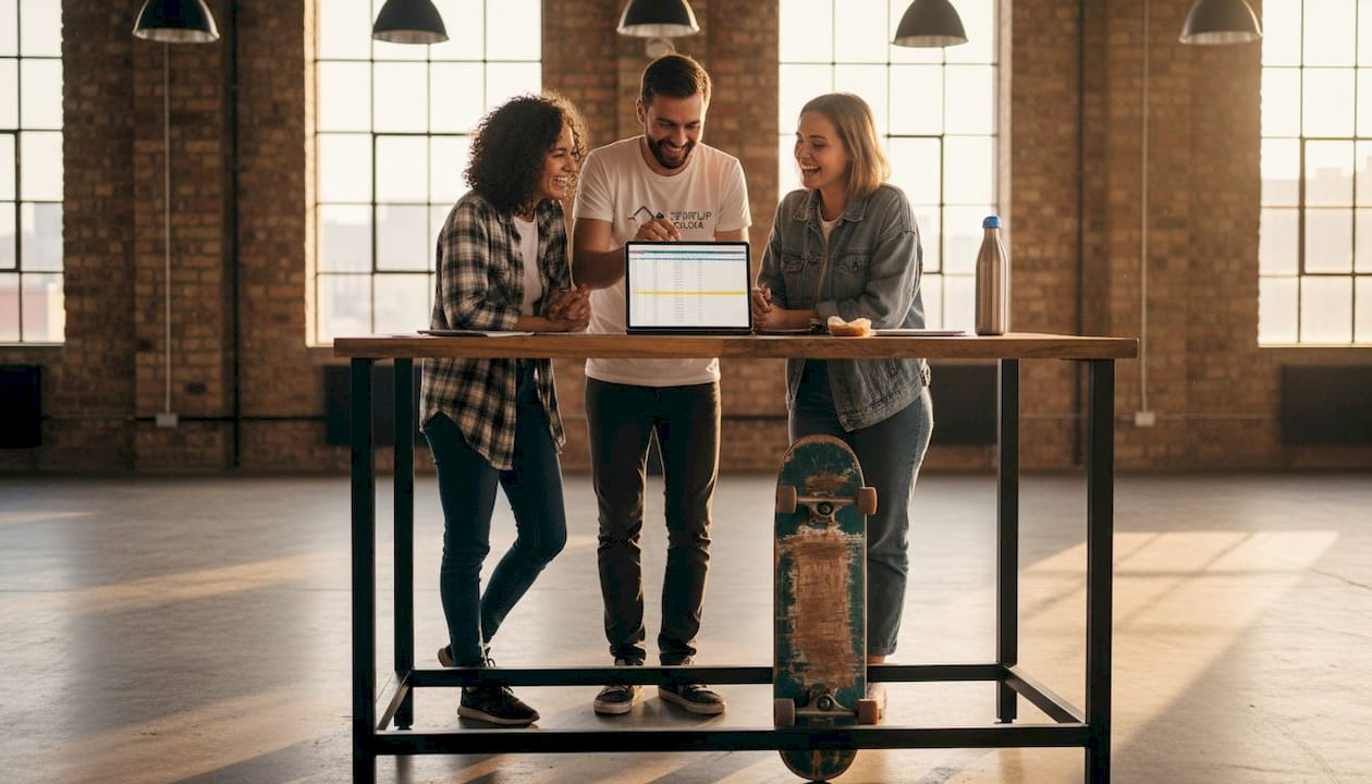 Zespół startupu omawia pomysły przy biurku do pracy na stojąco.
