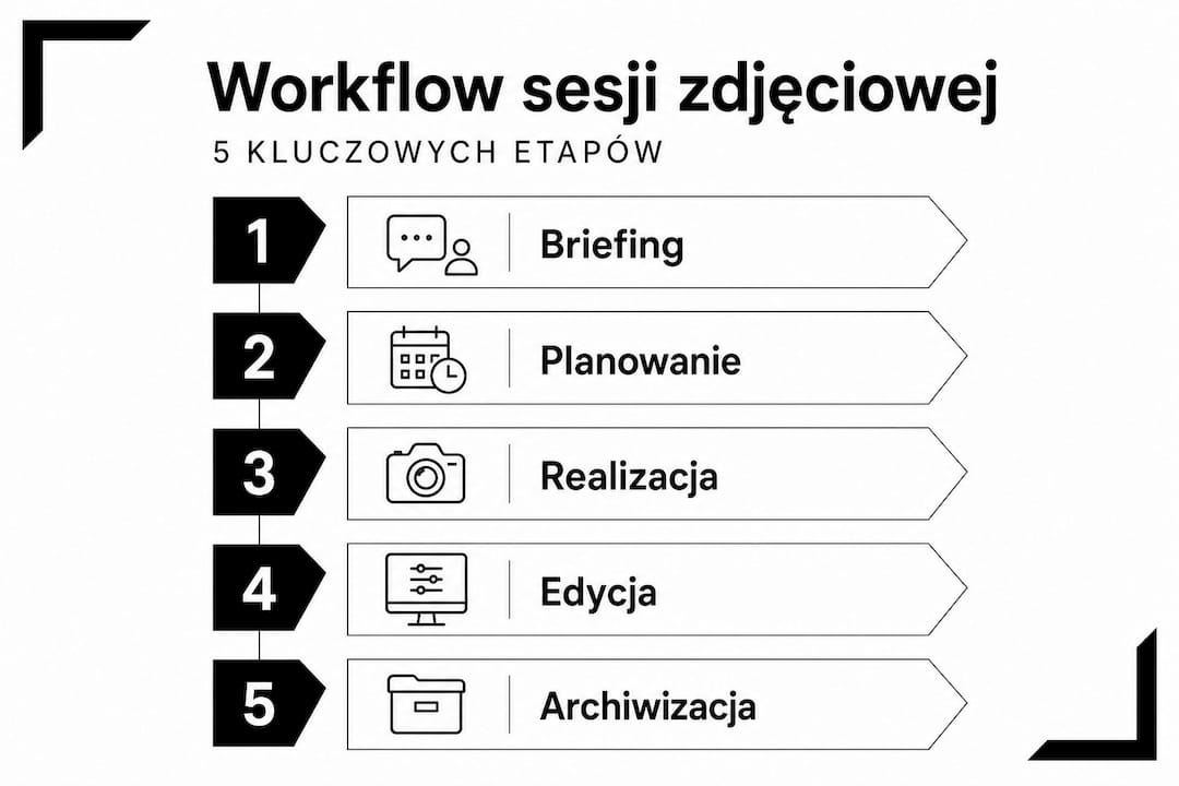 Infografika przedstawiająca pięć kluczowych kroków w przebiegu sesji