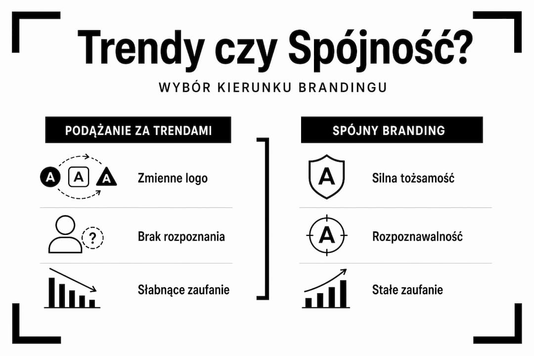 Infografika pokazująca, jak zmienne trendy wypadają w porównaniu ze spójną identyfikacją marki