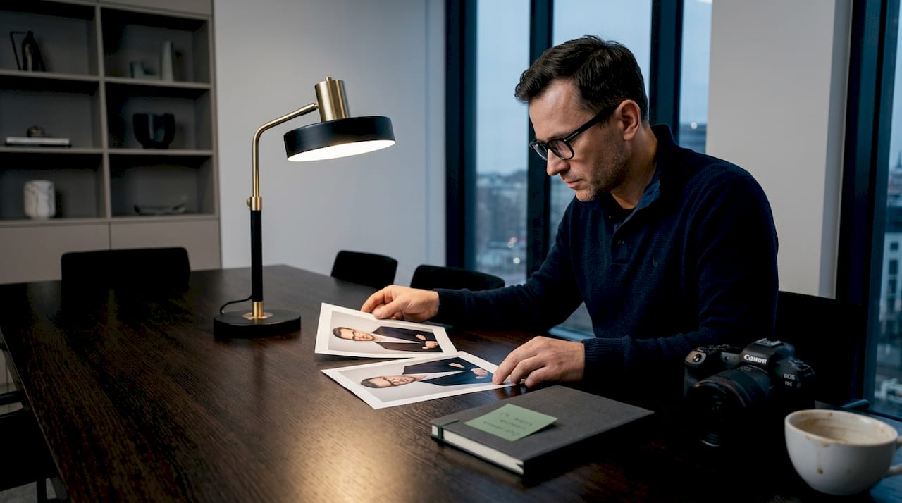 Fotograf zastanawia się, która wersja kolorystyczna zdjęcia biznesowego najlepiej odda profesjonalny charakter portretu.