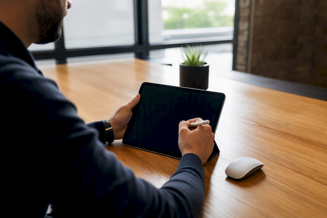 Hands interacting with tablet for software review
