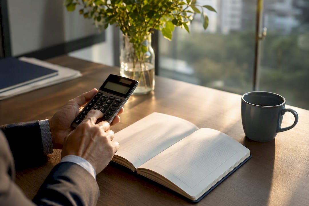 Hands working bookkeeping calculator and ledger