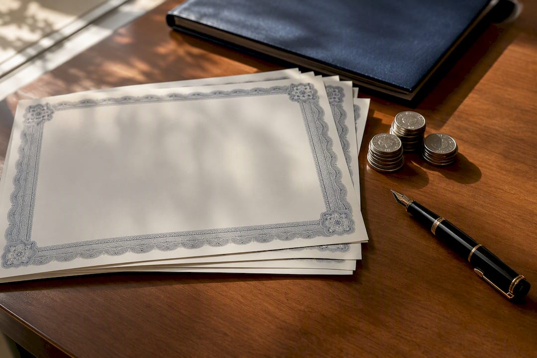 Stock certificates and pen on desk