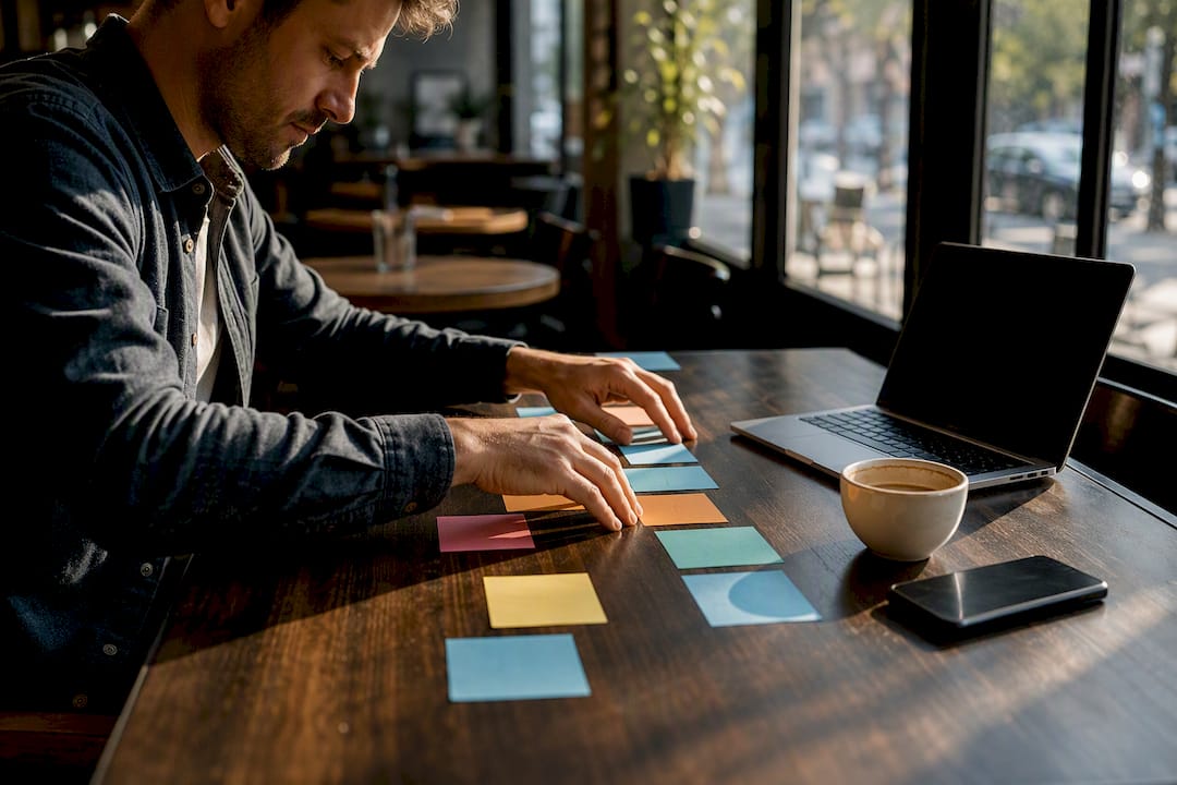 Hands arranging communication flow cards on table