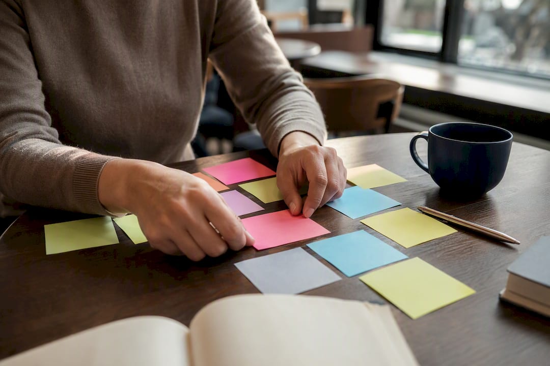 Hands arranging sticky notes on table