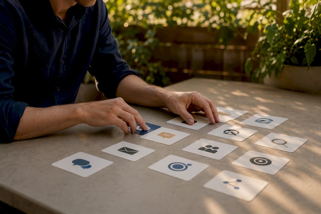 Hands sorting marketing channel cards