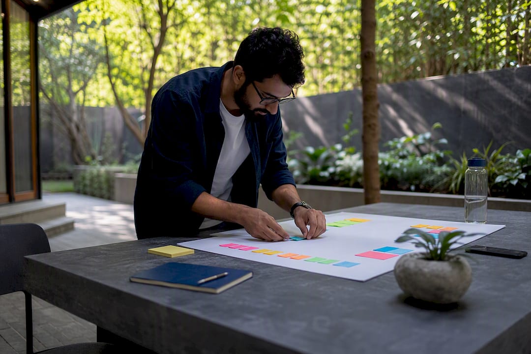 Hands organizing a hybrid contract plan on desk