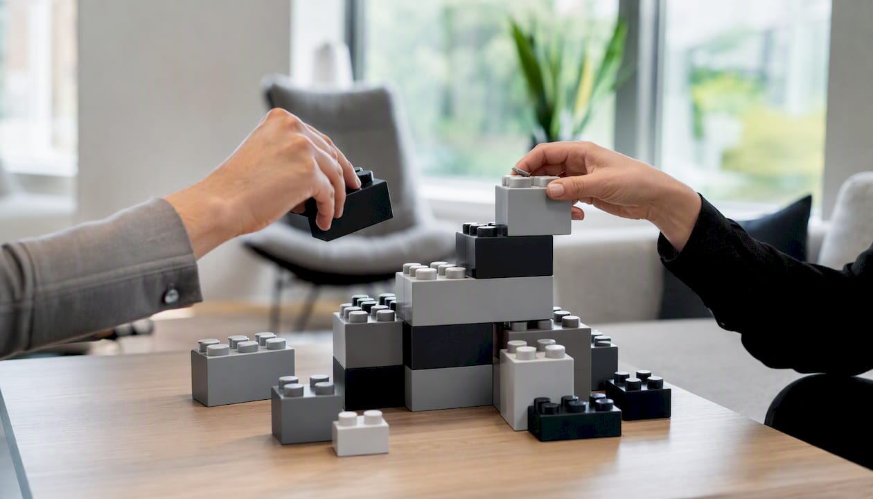 Hands connecting puzzle pieces on table