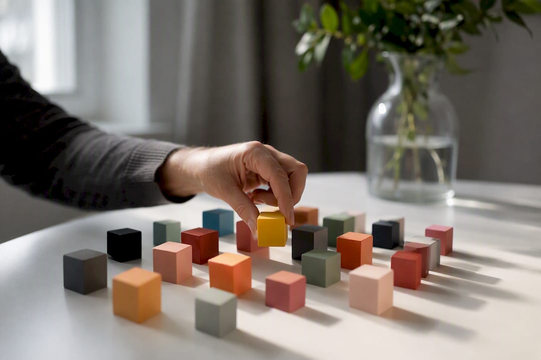 Hand selecting decision block on desk