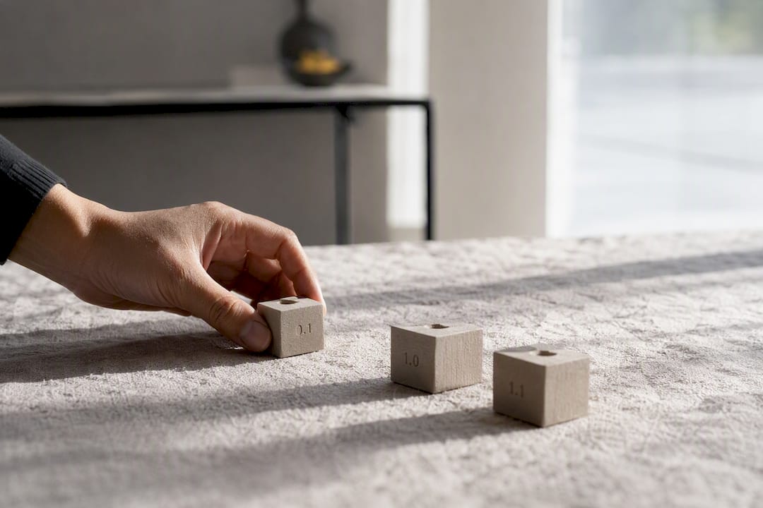 Hand arranging version number blocks on clean table
