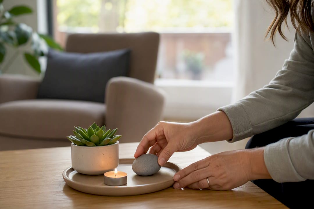 Hand arranging calming therapy objects on table
