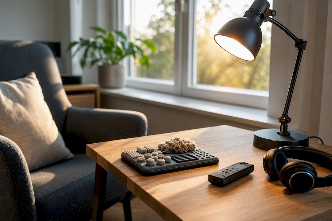 Therapy room with fidget toy and headphones