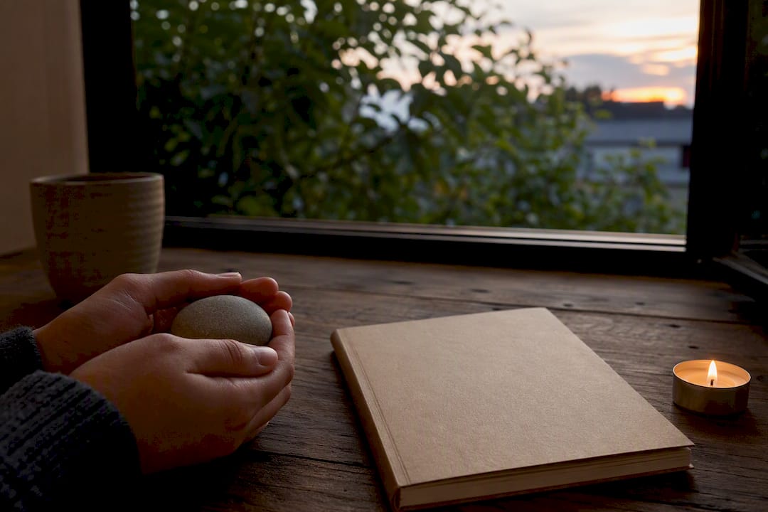 Hands holding worry stone with notebook