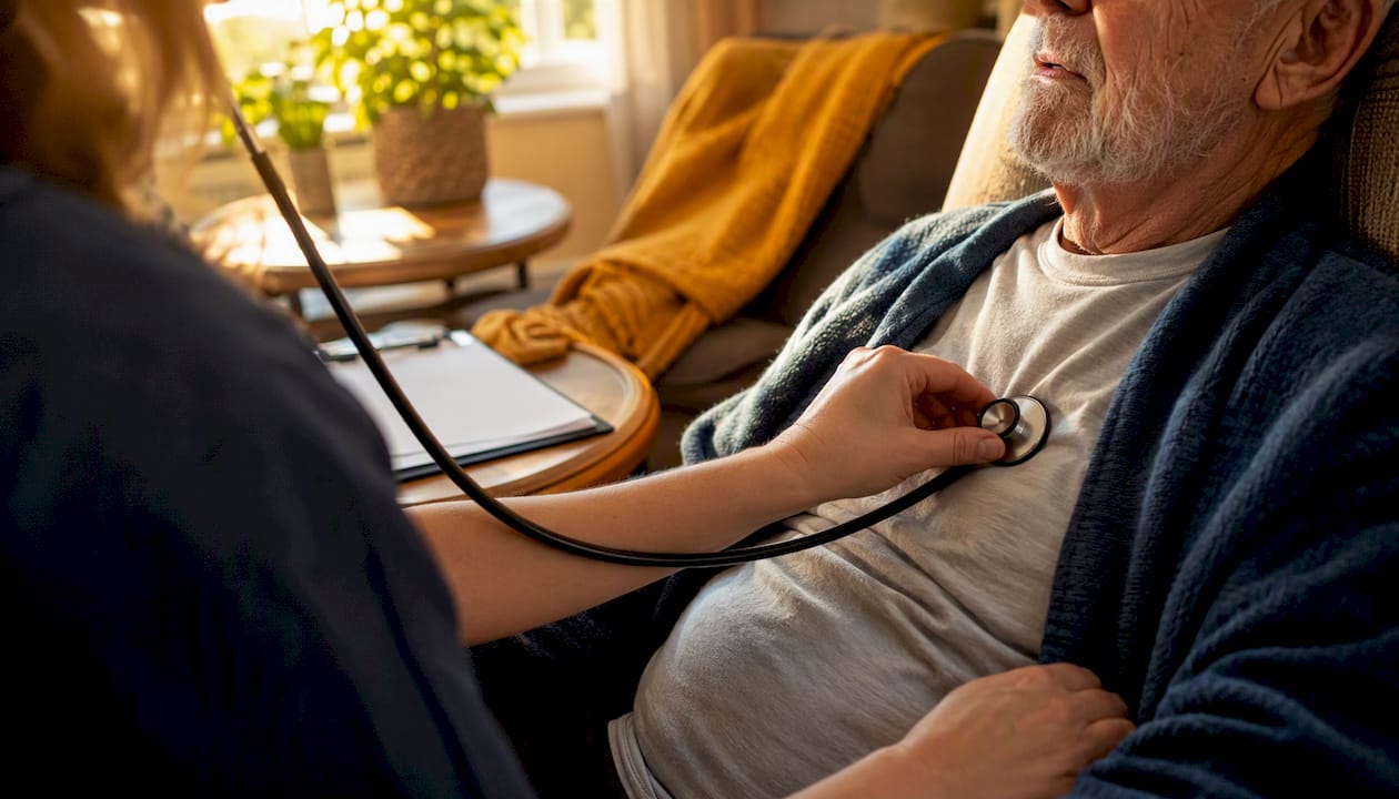 Nurse adjusting blood pressure cuff at home