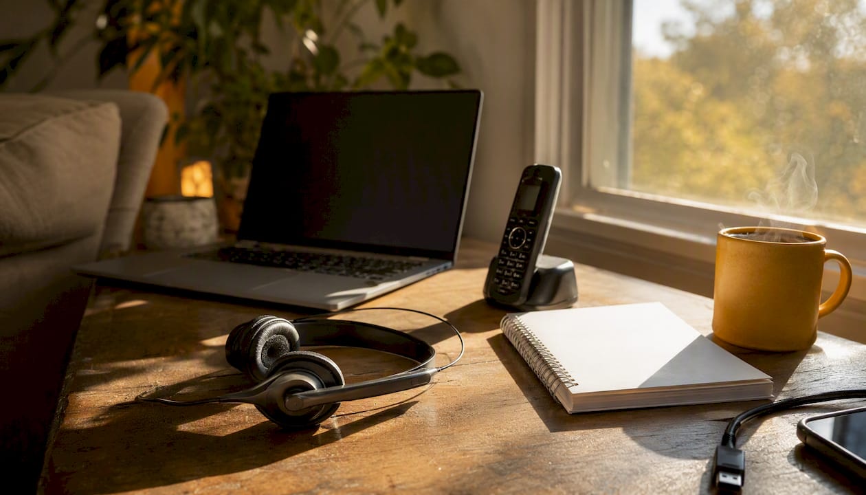 Intake desk setup with phone and headset