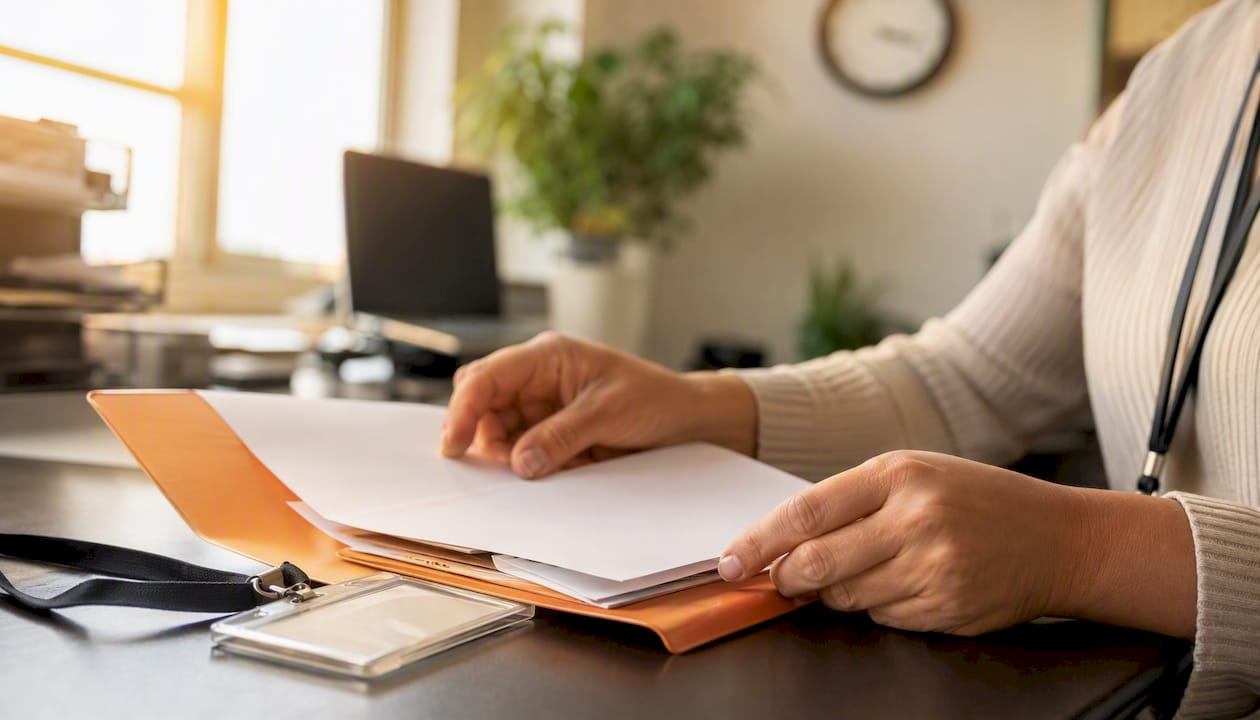 Hands organizing credentialing documents in office