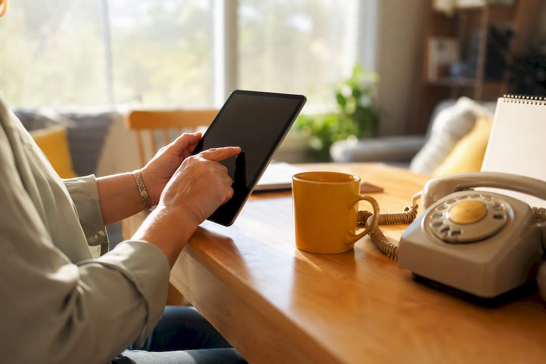 Agency coordinator hands using tablet and phone headset