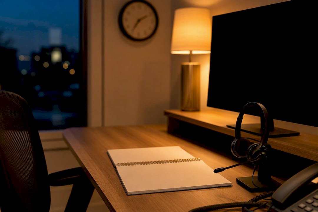 Empty home care desk with headset and planner