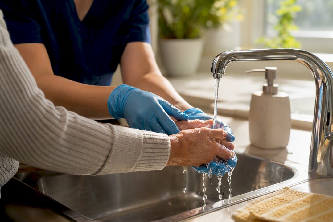 Caregiver washing client hands