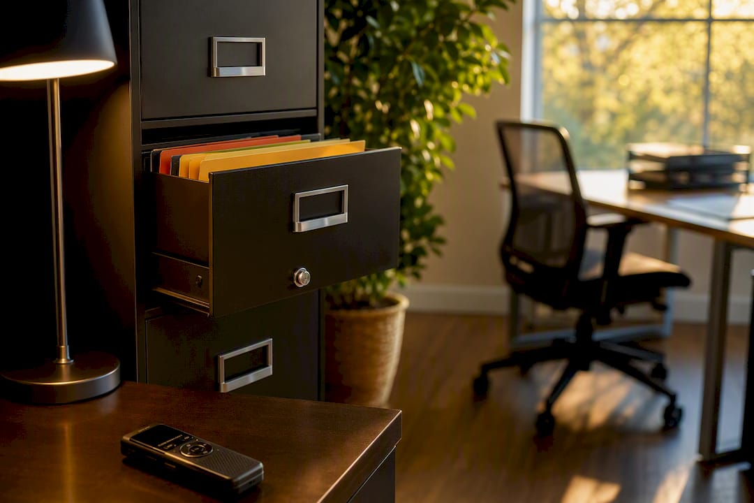 Locked cabinet and digital voice recorder symbolizing compliant documentation