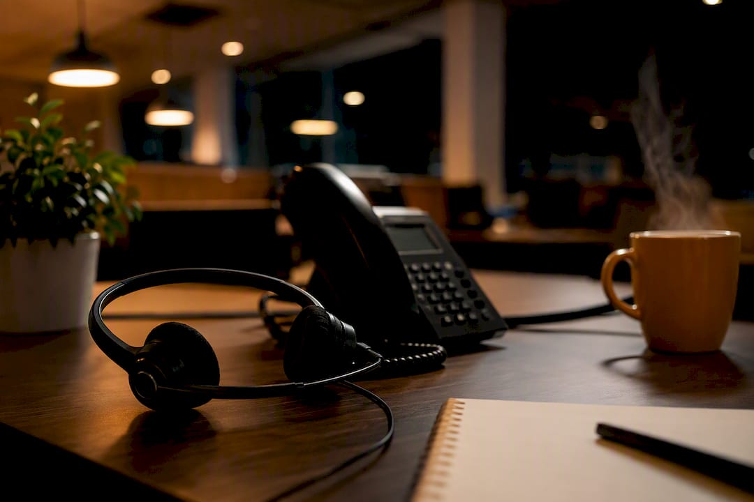 After-hours home care command center desk with headset