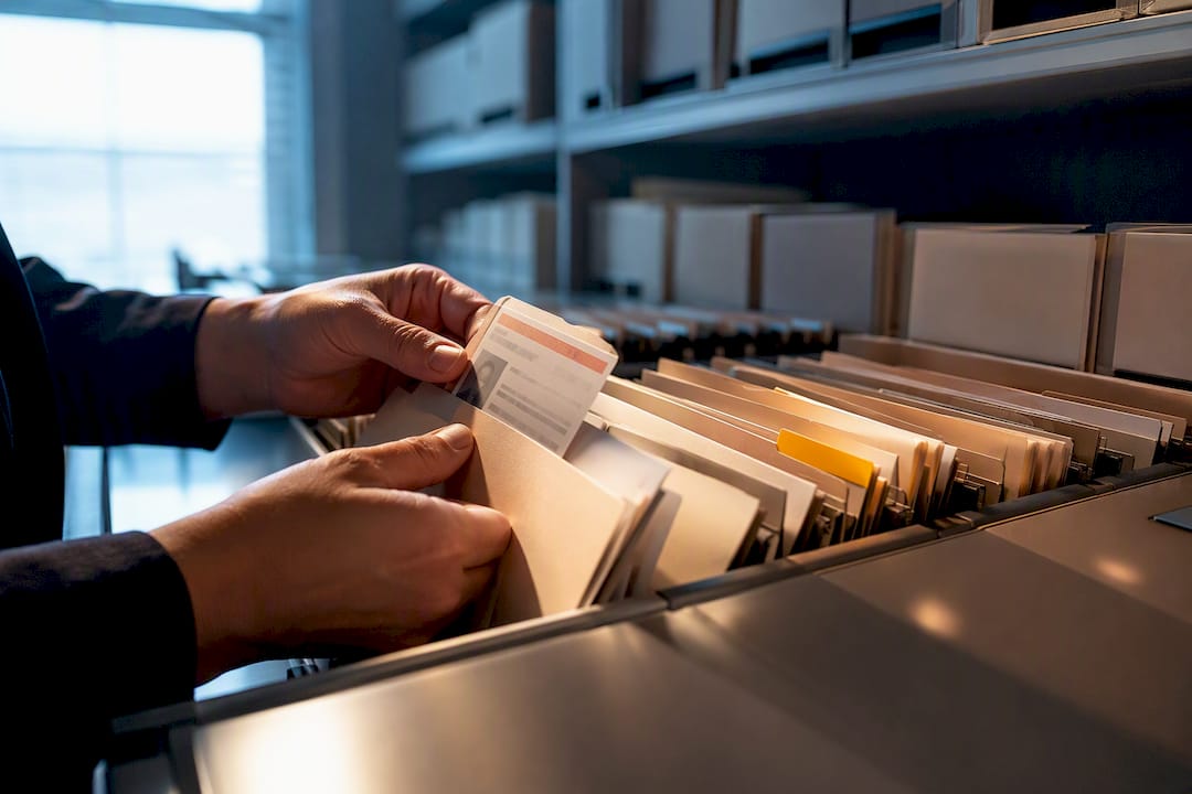 Hands reviewing caregiver compliance records