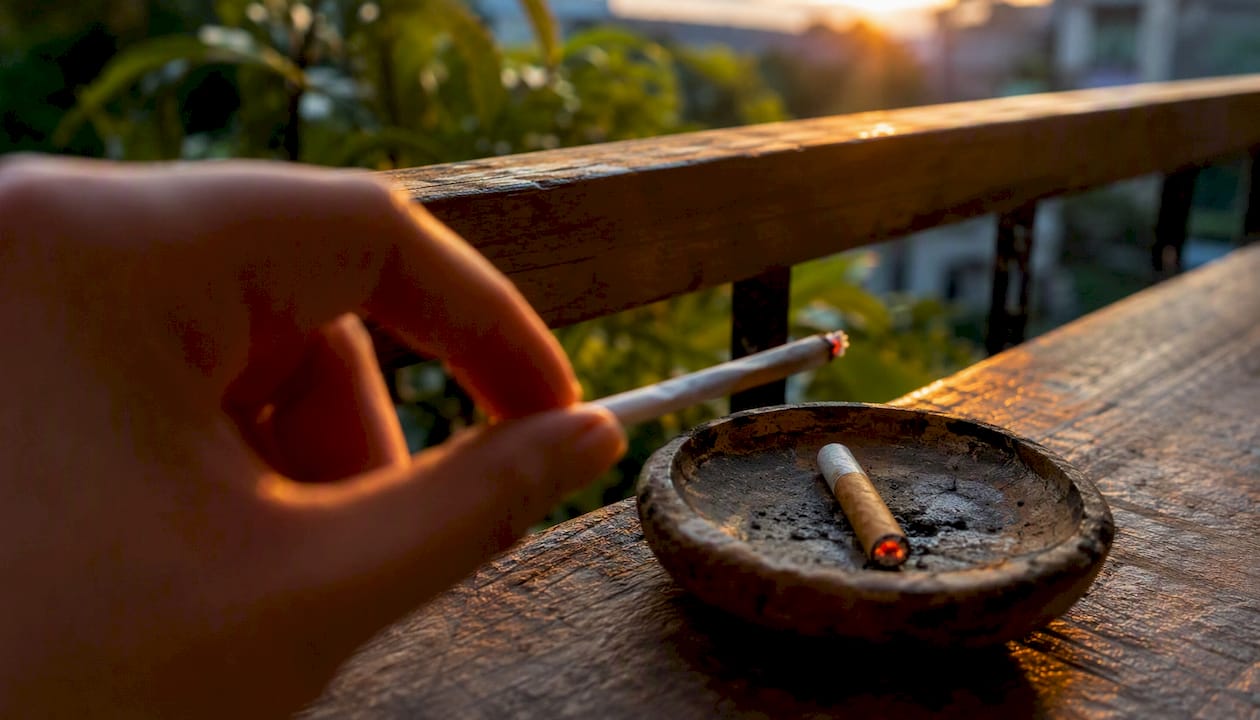 Smoker holding slim cigarette showing size difference
