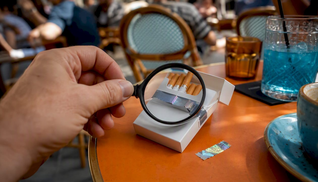 Magnifying glass inspecting cigarette pack hologram