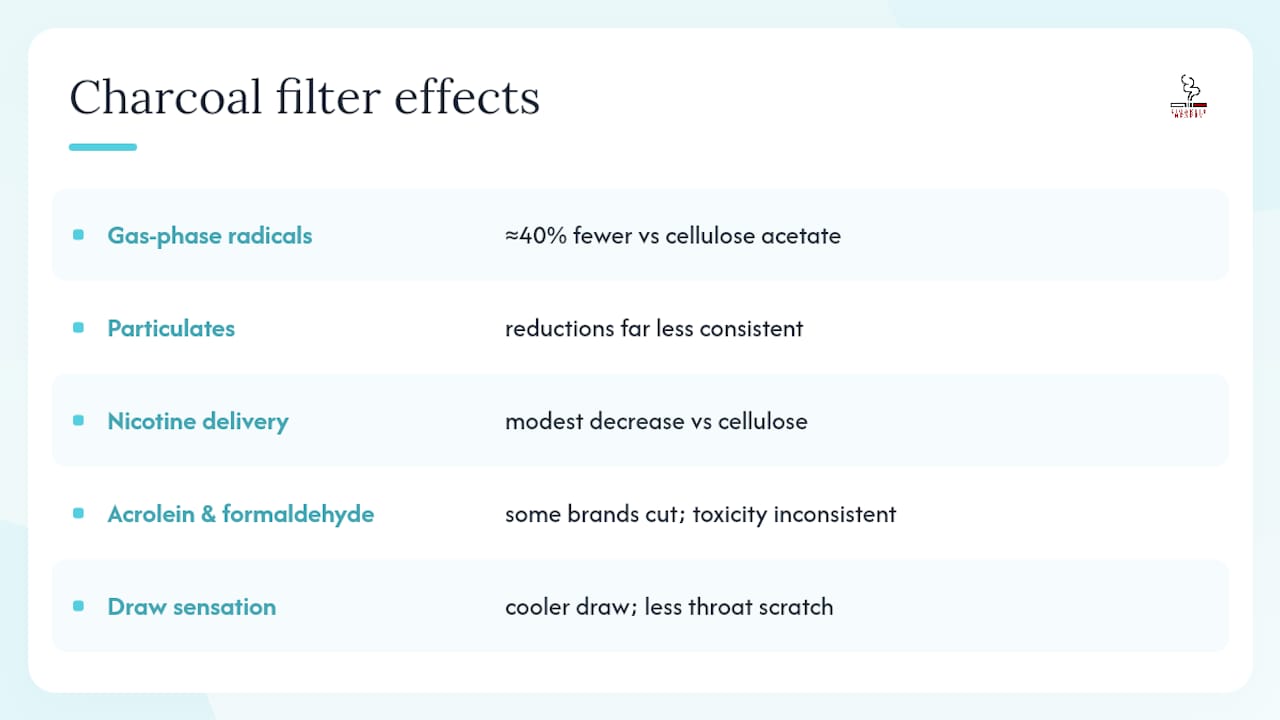 Infographic showing charcoal filter effects on smoke components