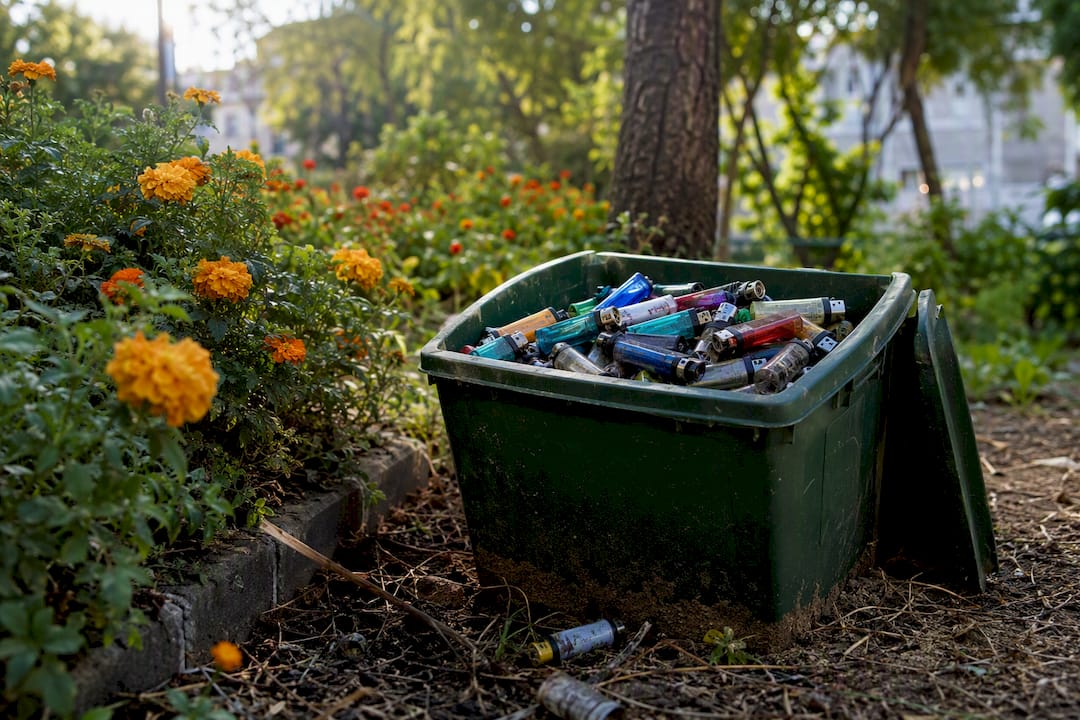 Disposable lighter plastic waste in container