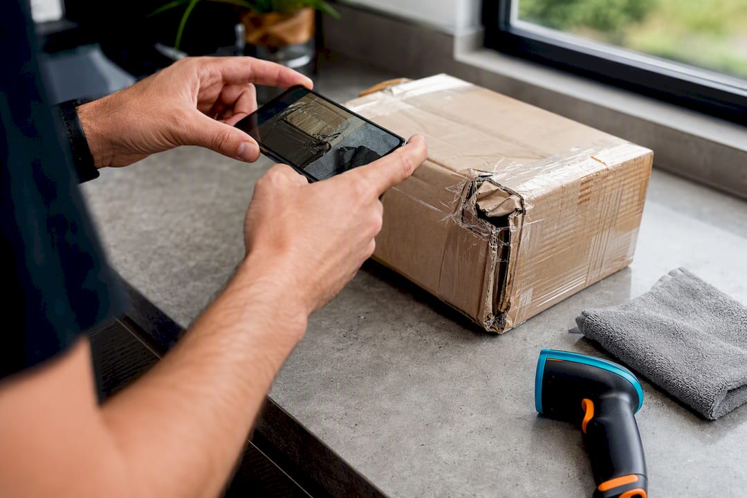 Damaged delivery parcel being photographed for claim