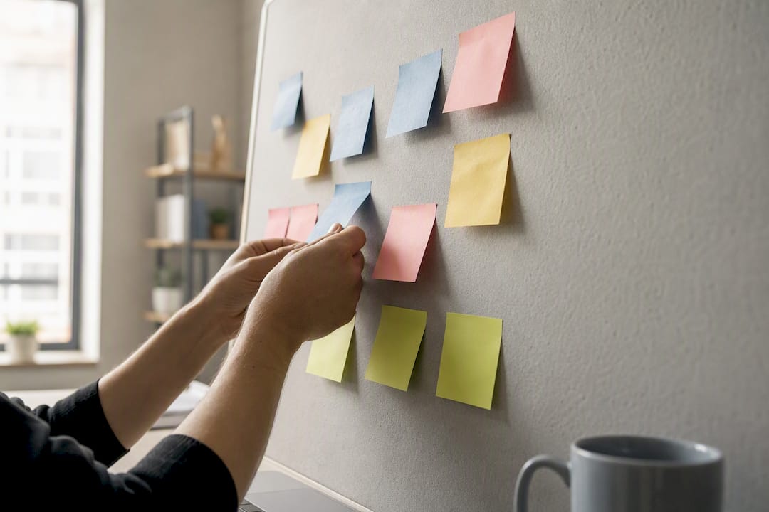 Hands arranging retention notes on board