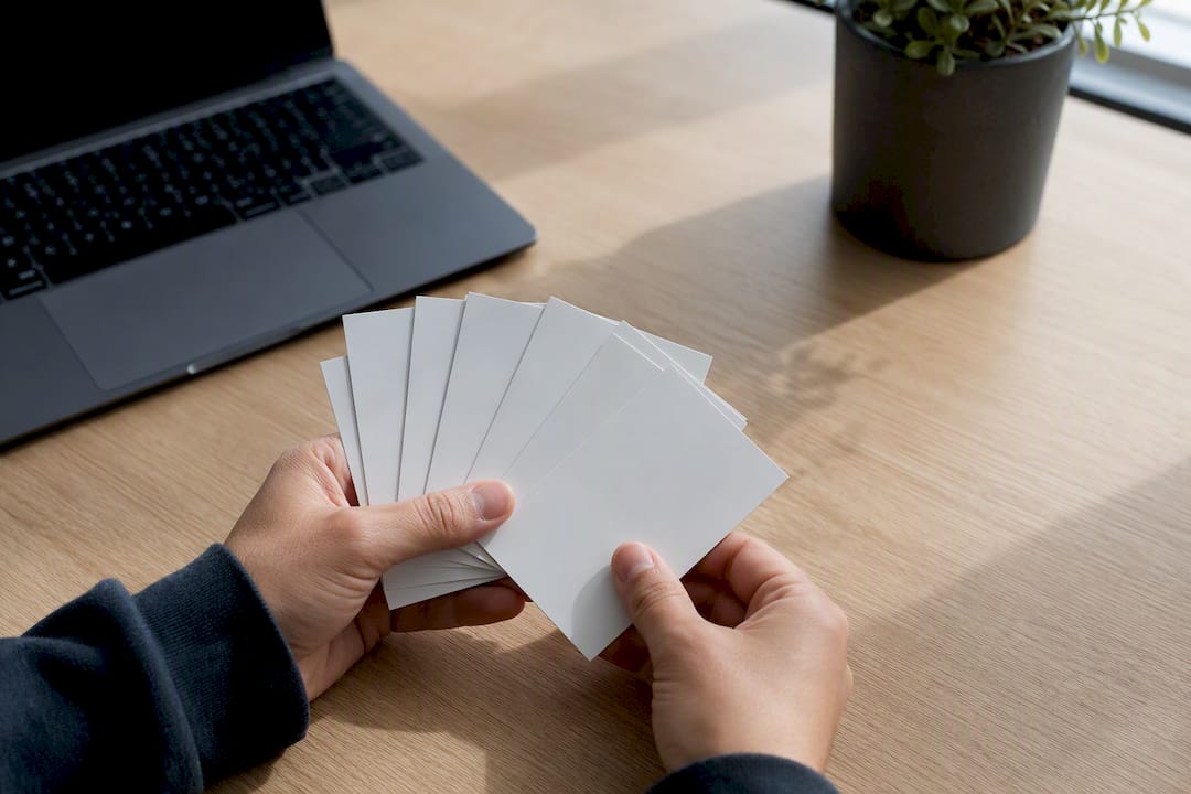 Hands sorting blank subscription cards on desk